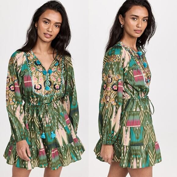 NEW Figue Josie Embroidered Short Bohemian Pom Pom Long Sleeve Green Mini Dress - Picture 1 of 10